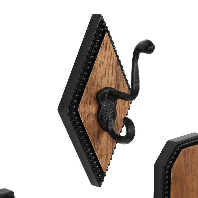 Brown Wooden Vintage Inspired Wall Hook with Black Beaded Frames and Varying Geometric Shapes (Set of 3 or 4)