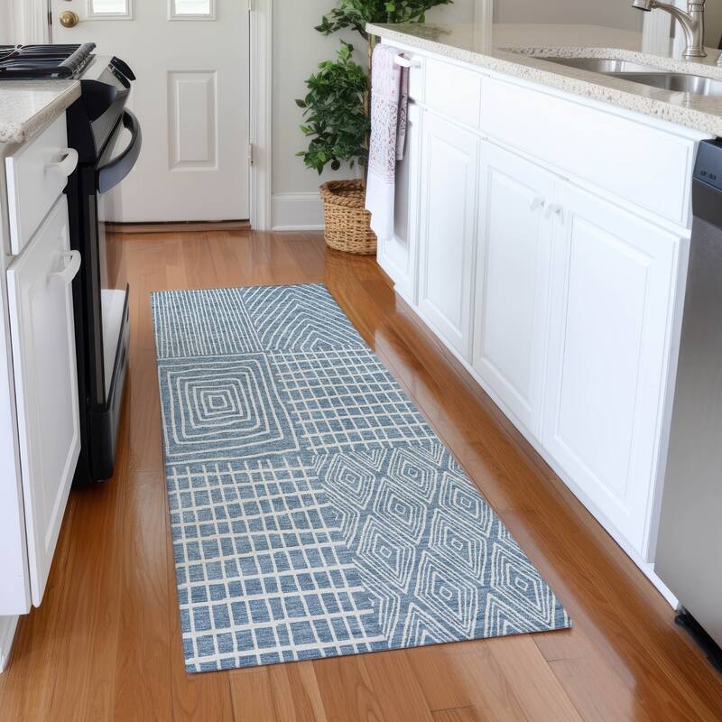 Machine Washable Indoor/ Outdoor Geo Patchwork Chantille Rug - Denim - 2'3" x 7'6"