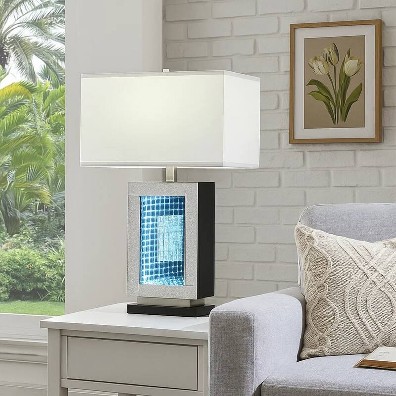 Ziva 27 Inch Table Lamp, LED Night Light, Rectangular Shade, Shiny Silver