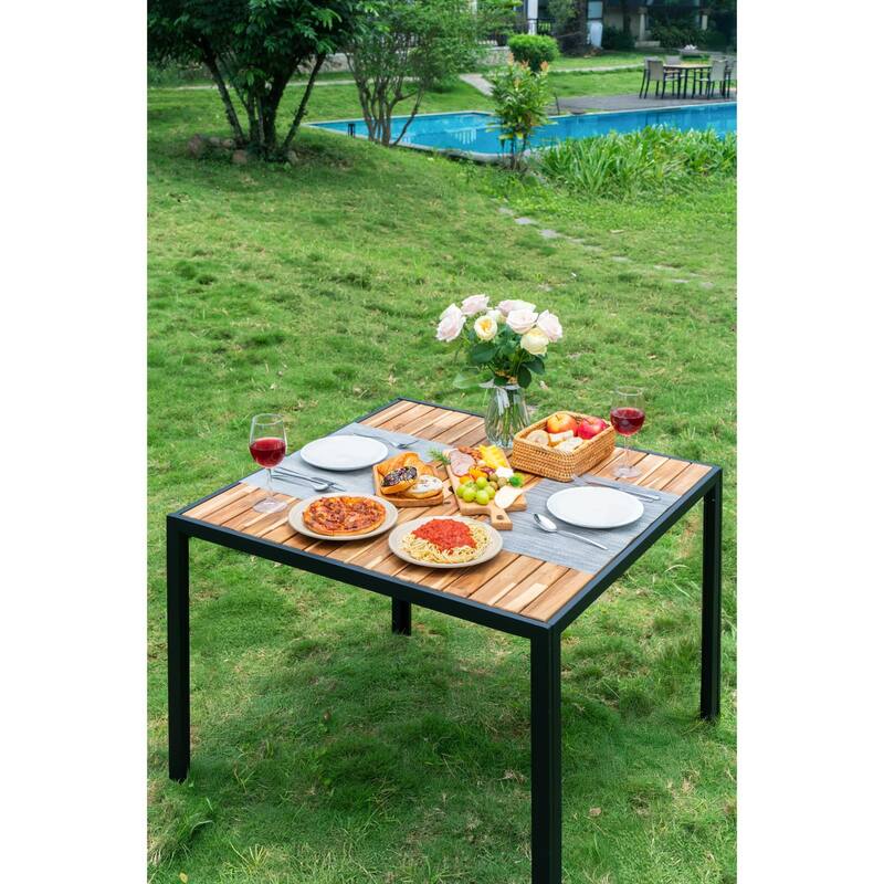 All Weather 5-Piece Patio Dining Table Sets, Patio Conversation Set Acacia Wood Table Top with Umbrella Hole, Rattan Outdoor