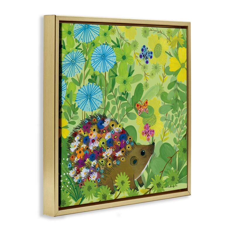 Stupell Happy Hedgehog & Flowers Framed Floater Canvas Wall Art Design By Kay Widdowson