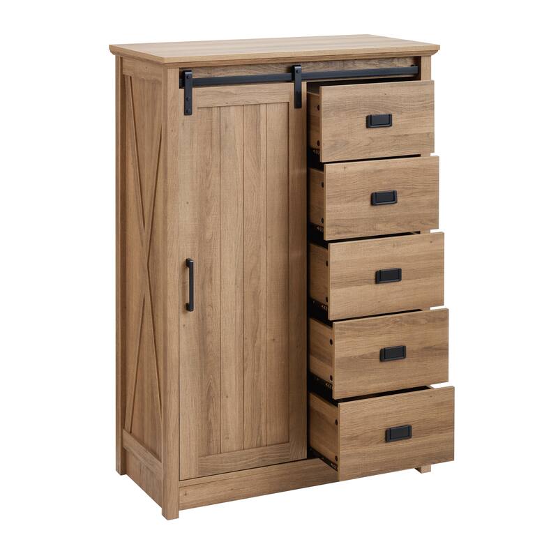 GDFStudio - Farmhouse Modern Sliding Barn Door Dresser with 5 Drawers and Adjustable Shelves