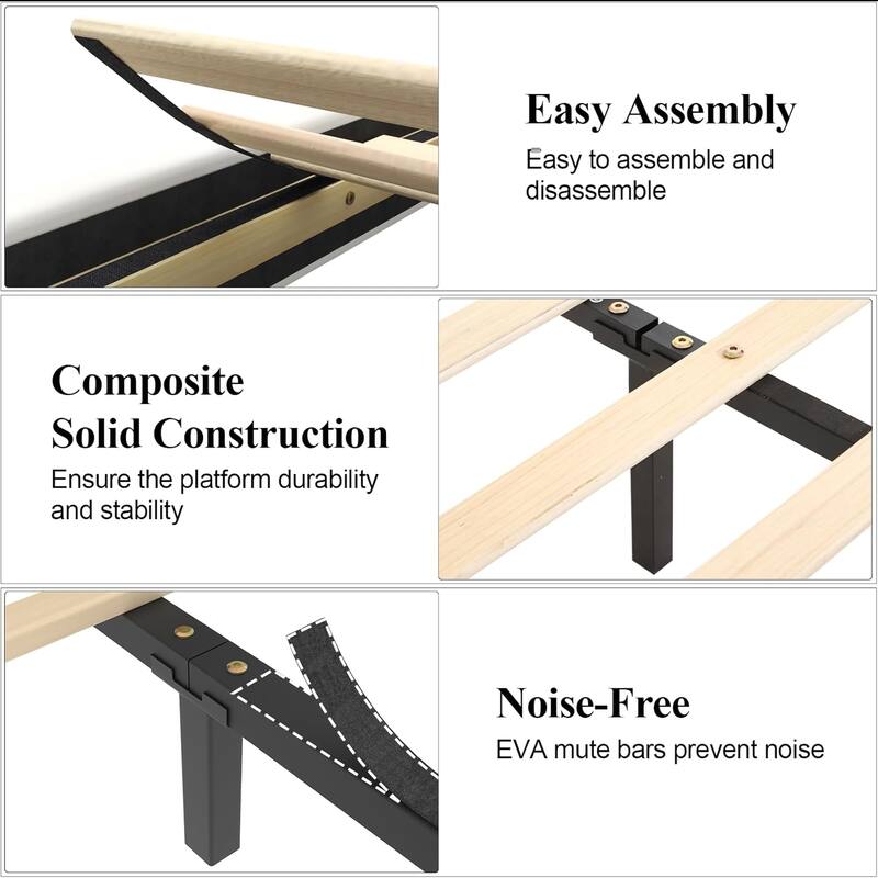 Queen Bed Frame with LED Lights, Upholstered Bed Frame with Charging Station, Platform Bed with Diamond Headboard, Wooden Slats