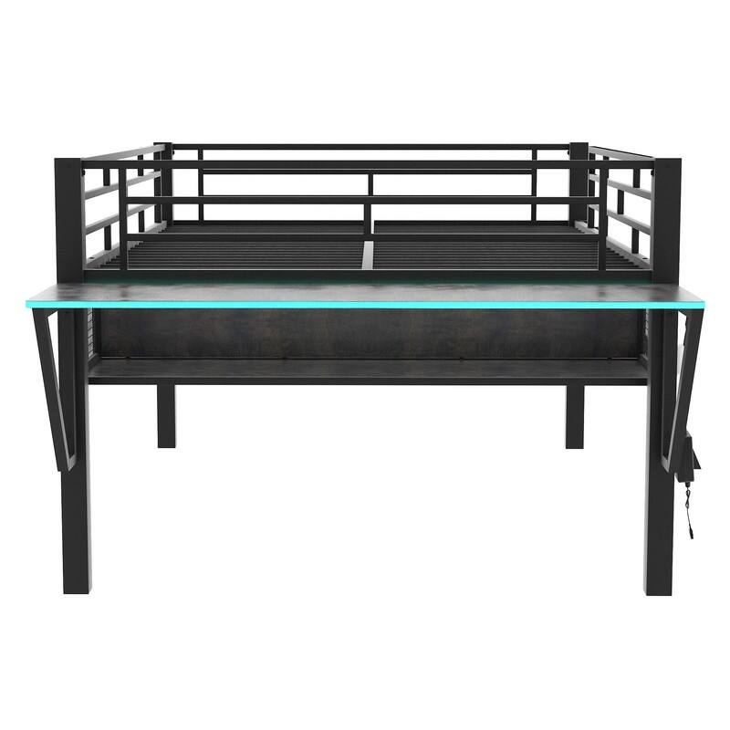 Twin/Full Size Gaming Mid Loft Bed with Gaming Desk and LED Lights, Low Metal Loft Bedframe with Ladder for Kids Teens