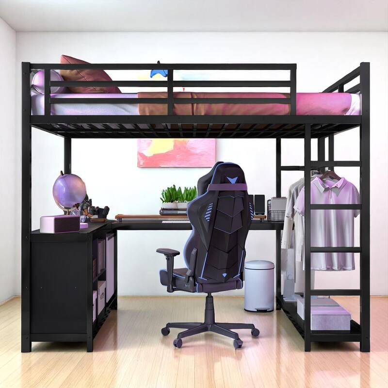 Full/Queen Metal Loft Bed with L-Shaped Desk, Wardrobe, Storage Shelves & Guardrails for Teens and Adults