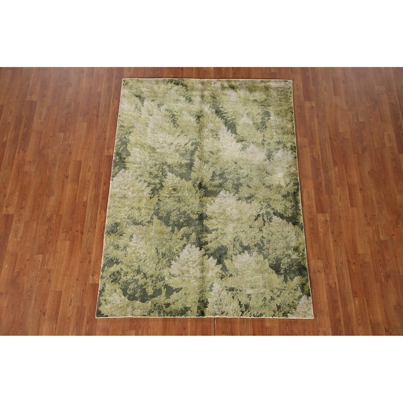 Green Modern Indian Abstract Rug Hand-Knotted Wool Carpet - 4'8"x 6'6"