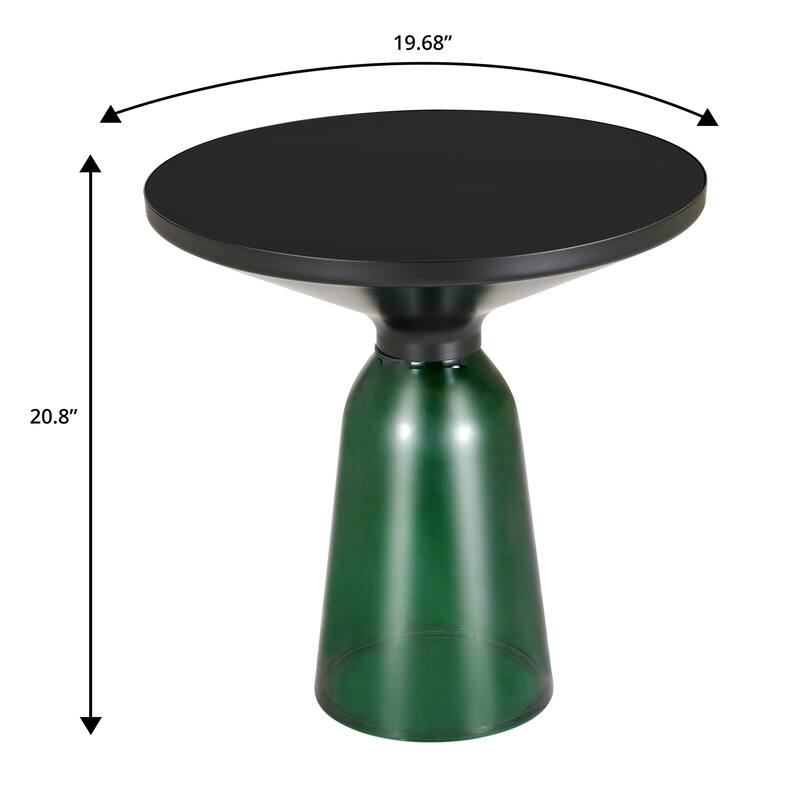 19-Inch Side Table Round Glass/Stone Tabletop End Table with Black Iron Rim and Glass Base