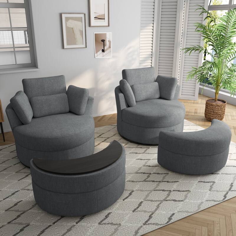 Upholstered Swivel Accent Barrel Chair And Storage Ottoman Sets