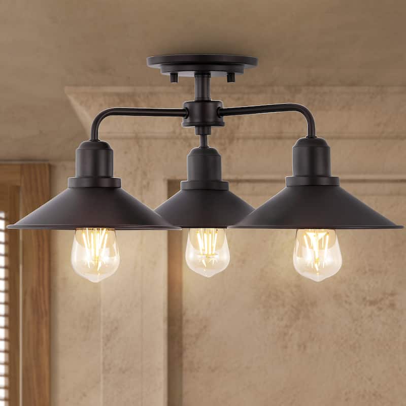 Calvin 18.5" 3-Light Iron Industrial LED Semi-Flush Mount, Oil Rubbed Bronze by JONATHAN Y