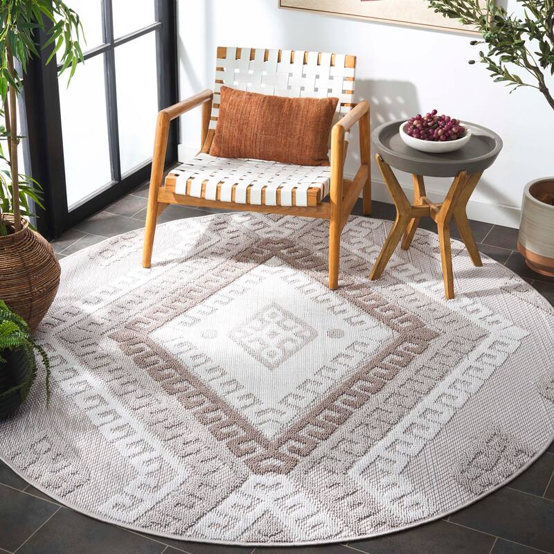 SAFAVIEH Global Vlora Indoor/Outdoor Waterproof Patio Backyard Rug - 6'7" Round - Grey/Ivory Taupe