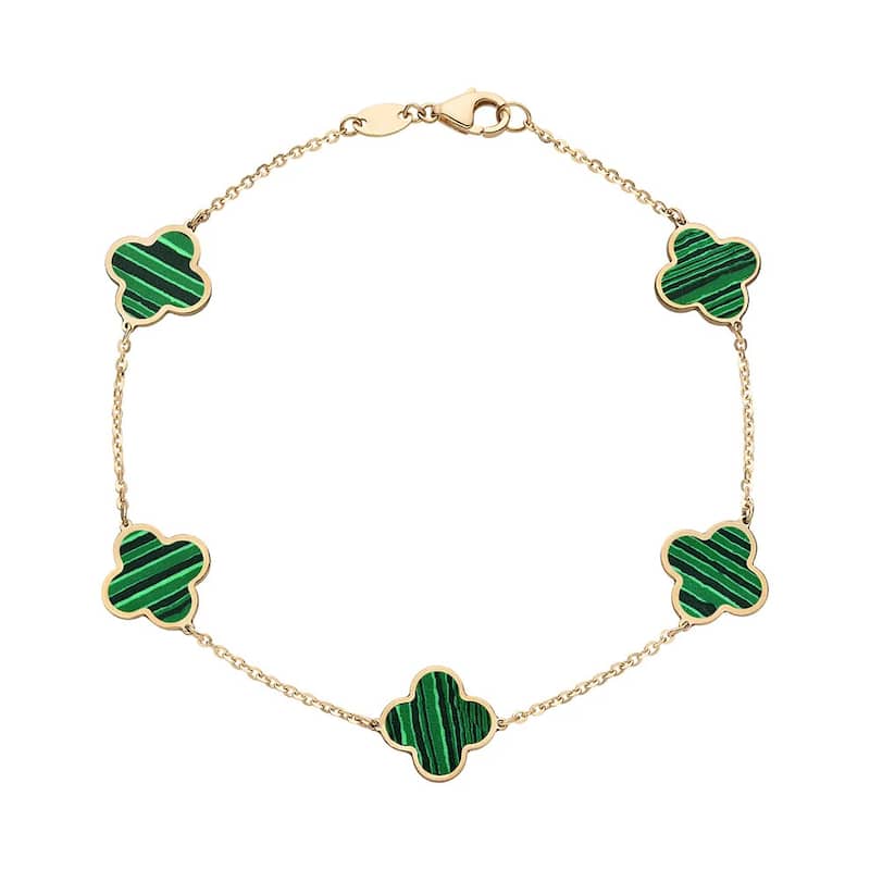 Curata 14k Yellow Gold Italian 7" Inlaid Genuine Gemstone 10mm Medium Clover Bracelet - Green Malachite
