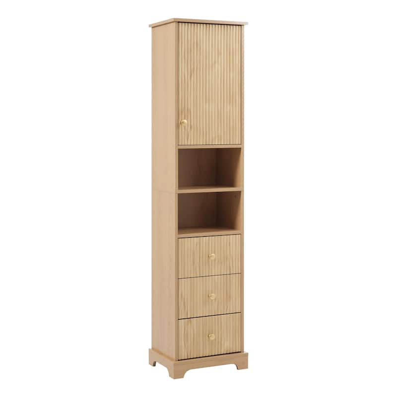 Vertical Stripe Accents Cabinet Freestanding Tall Cabinet for Bathroom with 1 Door, 3 Drawers, Open Storag and Adjustable Shelf