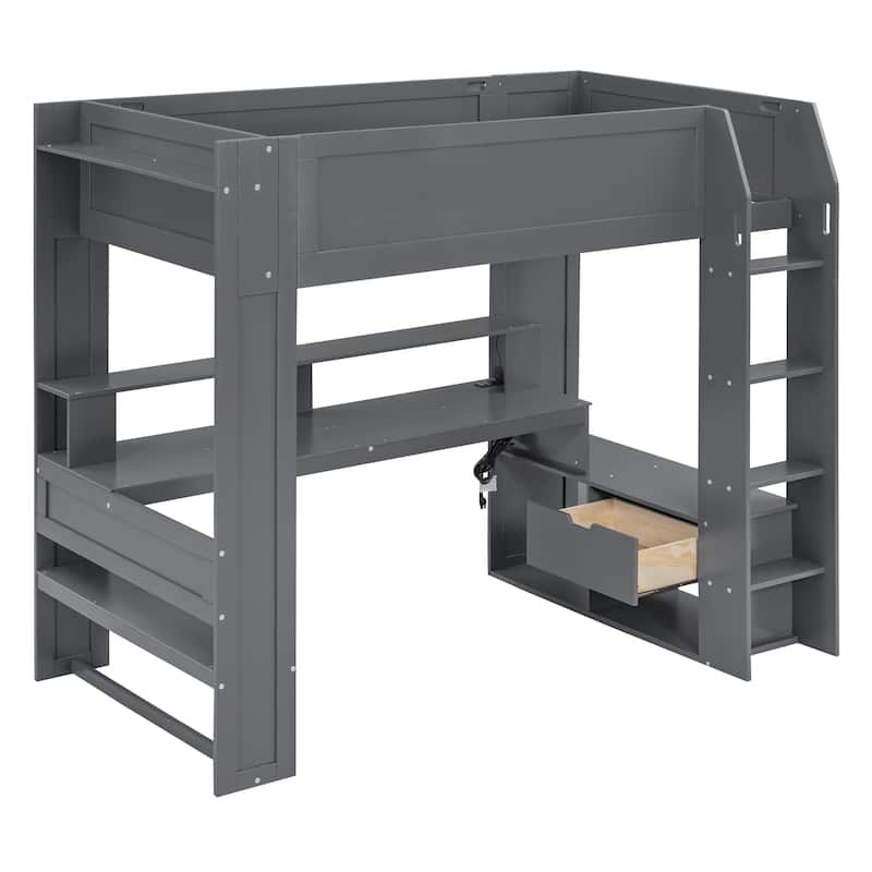 Solid Wood MDF Gaming Loft Bed with Desk and Charging Station