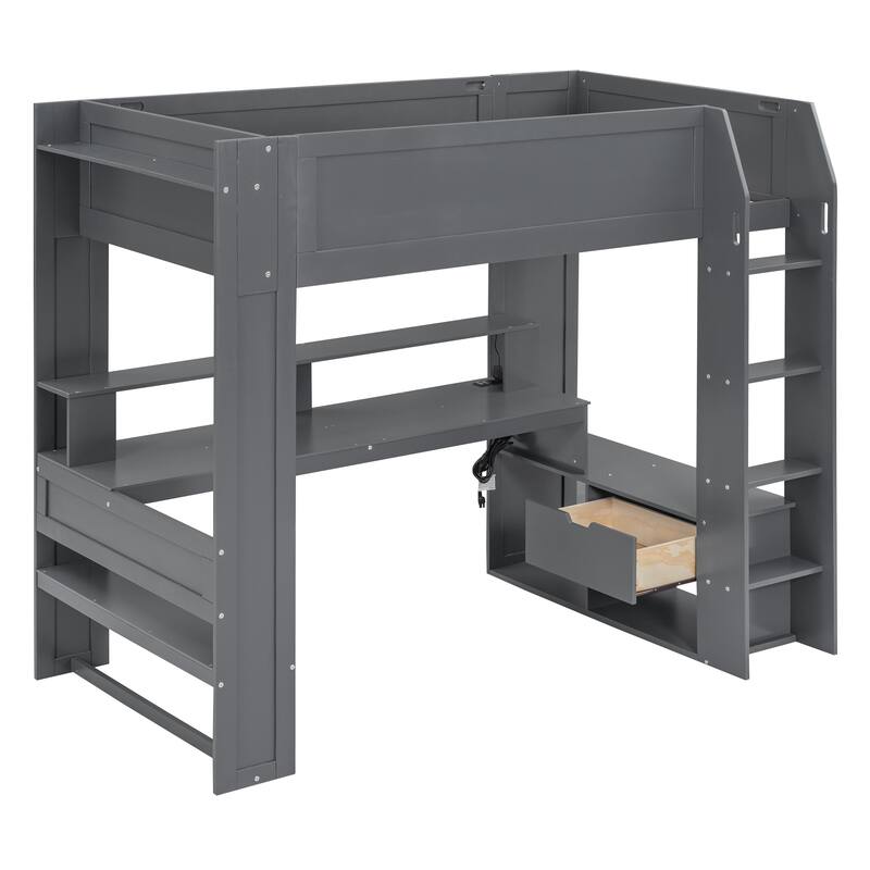 Twin Size Solid MDF Gaming Loft Bed with Desk & Shelves