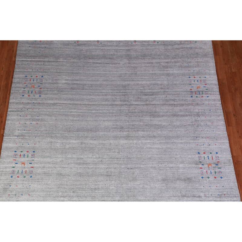Hand Knotted Oriental Viscose Silk Carpet Tribal Stripe Greys & Charcoal Gabbeh Area Rug - 9' 10'' X 7' 10''