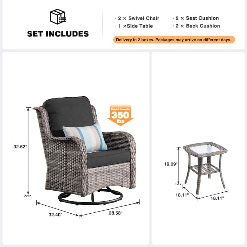 OVIOS 3-piece Patio Wicker Swivel Chair Set