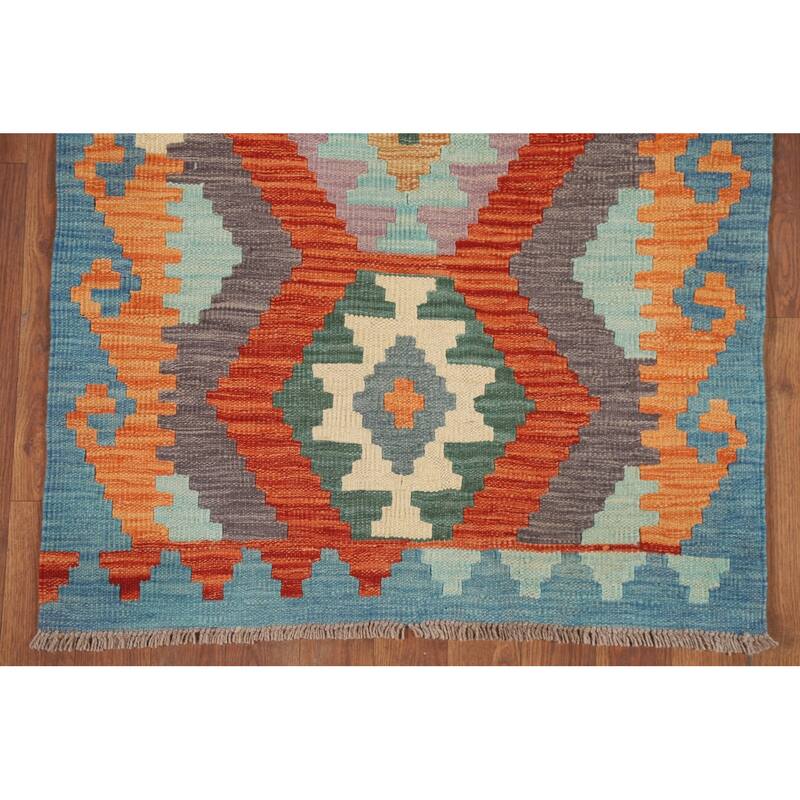 Hand Woven Oriental 100% Wool Carpet Southwestern Geometric Multi-Colored Kilim Runner Rug - 9' 7'' X 2' 8''