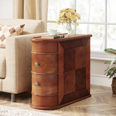 Brown Oak Wooden Side Table with 2 Storage Sliding Drawers for Living Room or Bedroom - 10.83”L x 23.62”W x 23.62”H