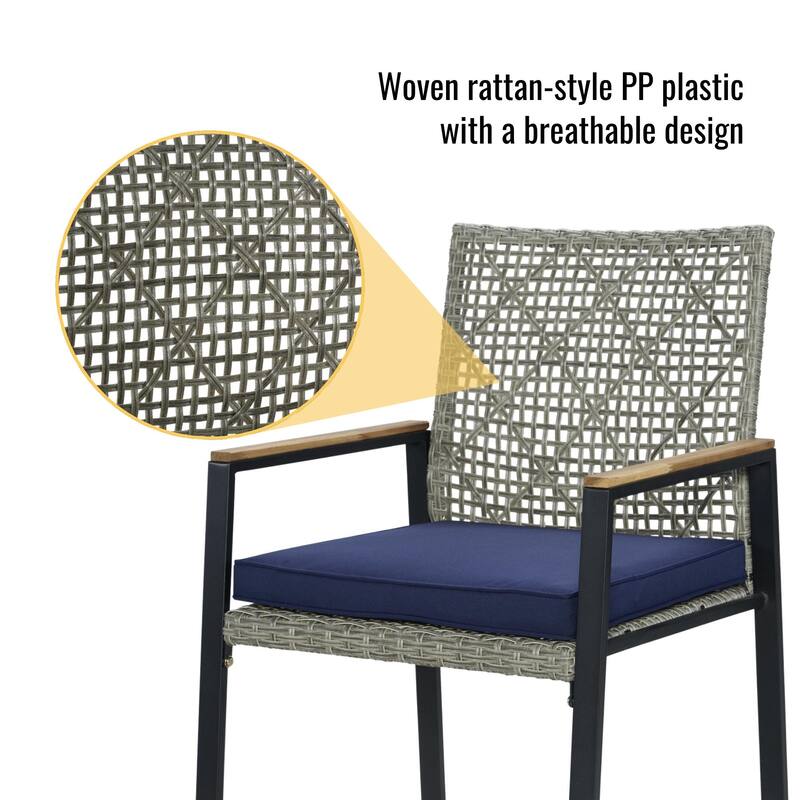 All Weather 5-Piece Patio Dining Table Sets, Patio Conversation Set Acacia Wood Table Top with Umbrella Hole, Rattan Outdoor
