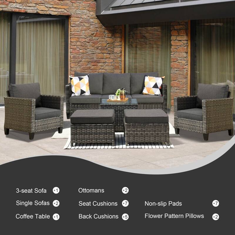 OVIOS 6-piece Outdoor Patio Wicker Conversation Set With Glass-Top Table
