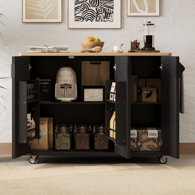 51" Farmhouse Fluted Kitchen Island with Drop Leaf, Internal Storage Rack & Towel Rack