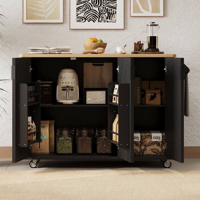 Kitchen Island with Drop Leaf, Farmhouse Kitchen Island on Wheels with Internal Storage Rack, Towel Rack for Kitchen