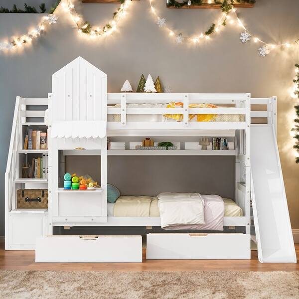 slide 2 of 19, Elegant Twin over Twin Bunk Bed With 2 Drawers,3 Shelves and Slide,Sturdy Frame,s White