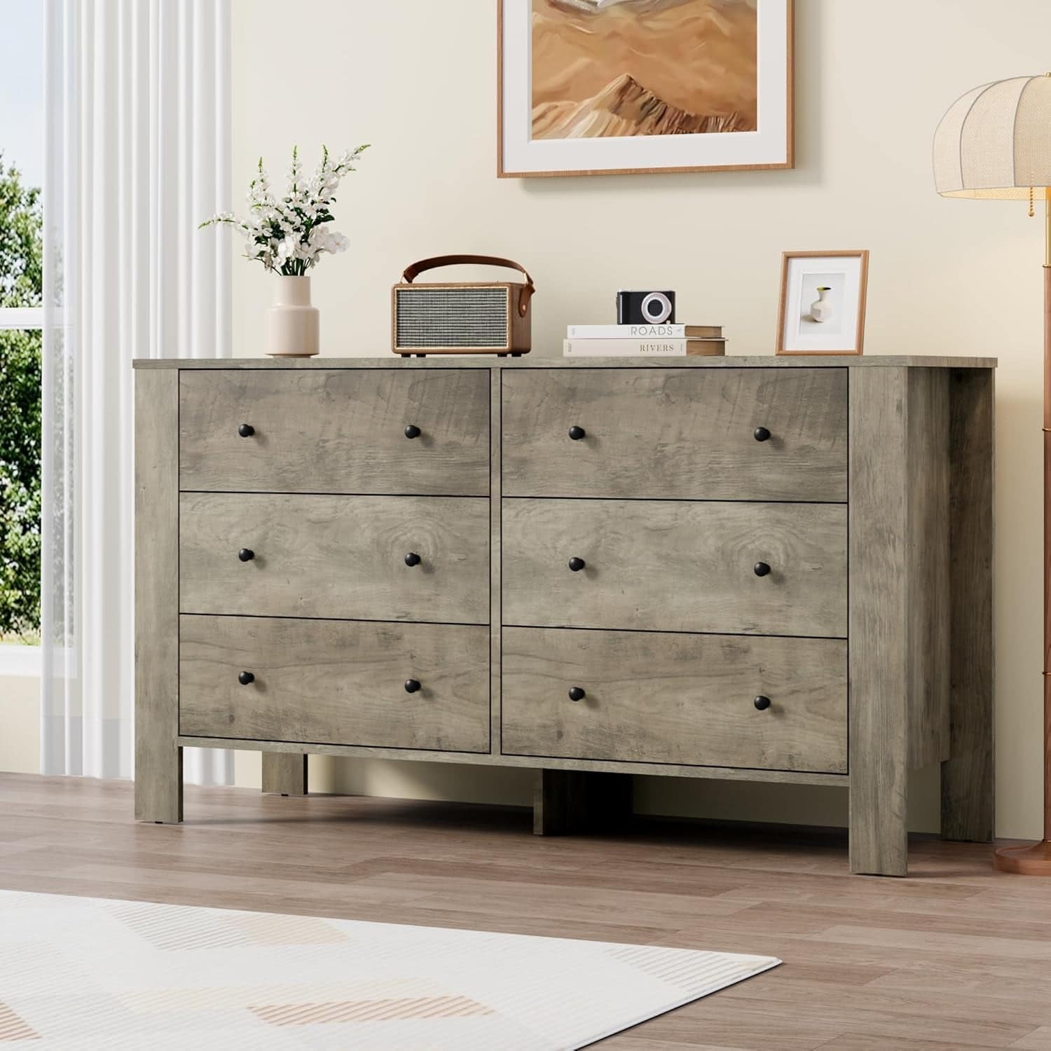 Gray 6-Drawer Chest with Panel Legs, Modern Storage