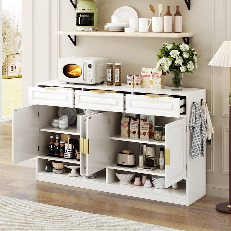 Multi-Functional Storage Buffet with 3 Drawers & 4 Doors, Sideboard with Adjustable Shelf and Open Storage Compartments