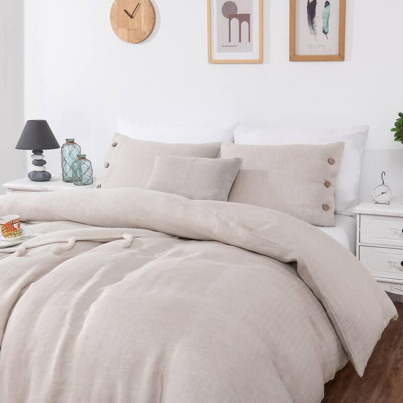 WHOLINENS Stone Washed French Linen Duvet Set 3Pcs Coconut Shell Button Closure