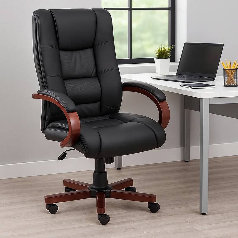 Zoey High-Back Executive Chair, Black Vinyl, Cherry Brown Wood Finish