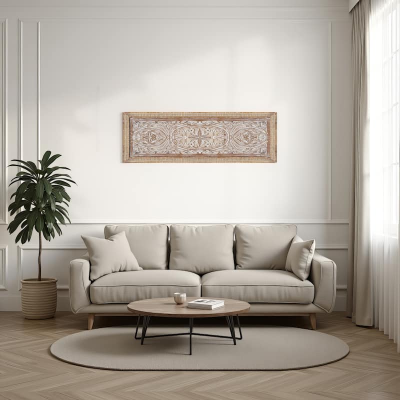 Rectangular Mango Wood Wall Panel Hand Crafted With Intricate Carving, White and Brown