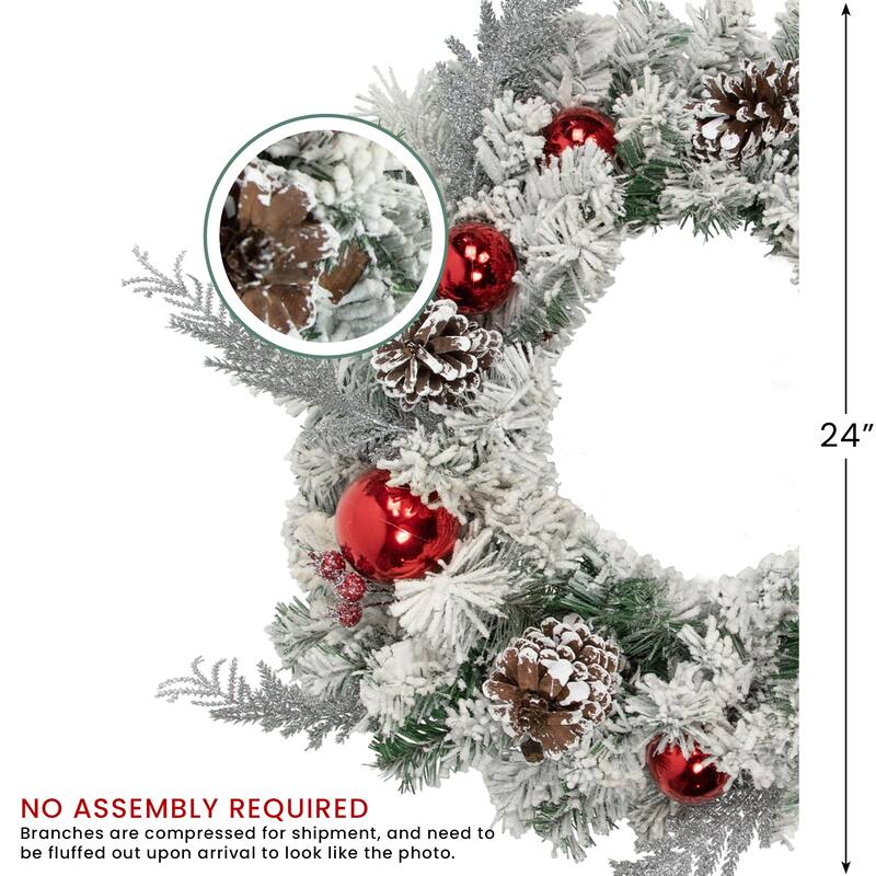 Flocked Pine Red Ornaments Artificial Christmas Wreath 24 Inch Unlit