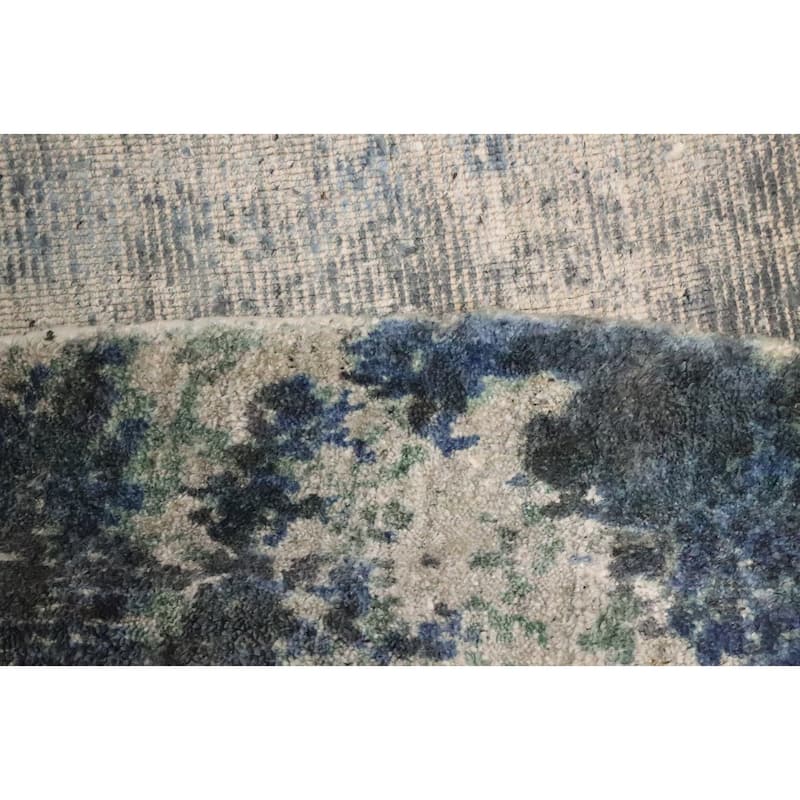 Hand Knotted Oriental Viscose Silk Carpet Modern Abstract Navy Blue & Blues Abstract Area Rug - 6' 8'' X 6' 8''