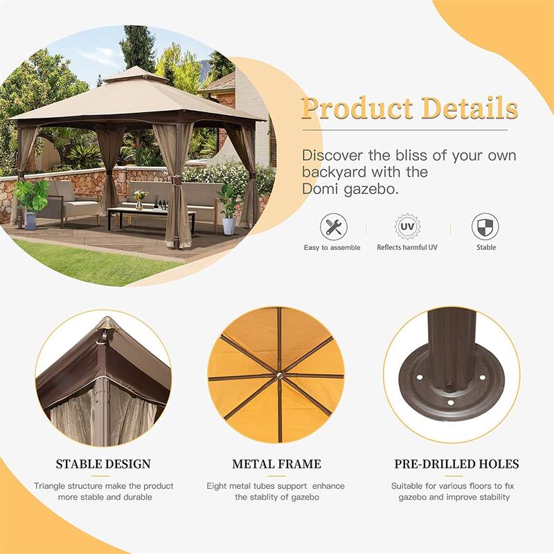 10x13 Foot Outdoor Gazebo with Mosquito Netting, Double Roof, Metal Frame, Waterproof Canopy for Backyard, Deck, or Garden