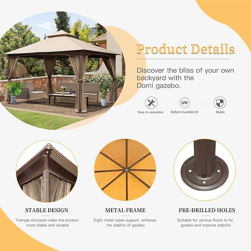 GDFStudio - Outdoor Gazebo with Mosquito Netting, Metal Frame Double Roof Soft Top Canopy Tent for Backyard, Garden, Patio