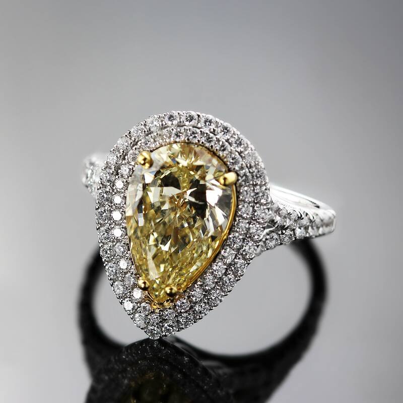 Auriya 18k Two-tone Gold 4ct TDW Fancy Yellow Diamond Pear Shape Halo Engagement Ring - White