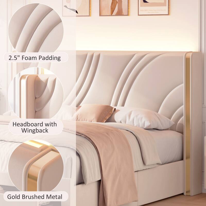 Modern Velvet LED Bed Frame with Storage Drawers and RGB Lighting