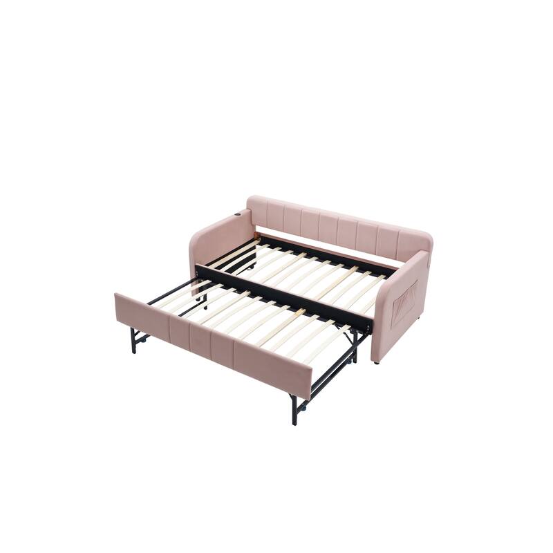 Twin Daybed with Trundle, Upholstered Velvet Frame, Space Saving Daybed Bed for Guest Room