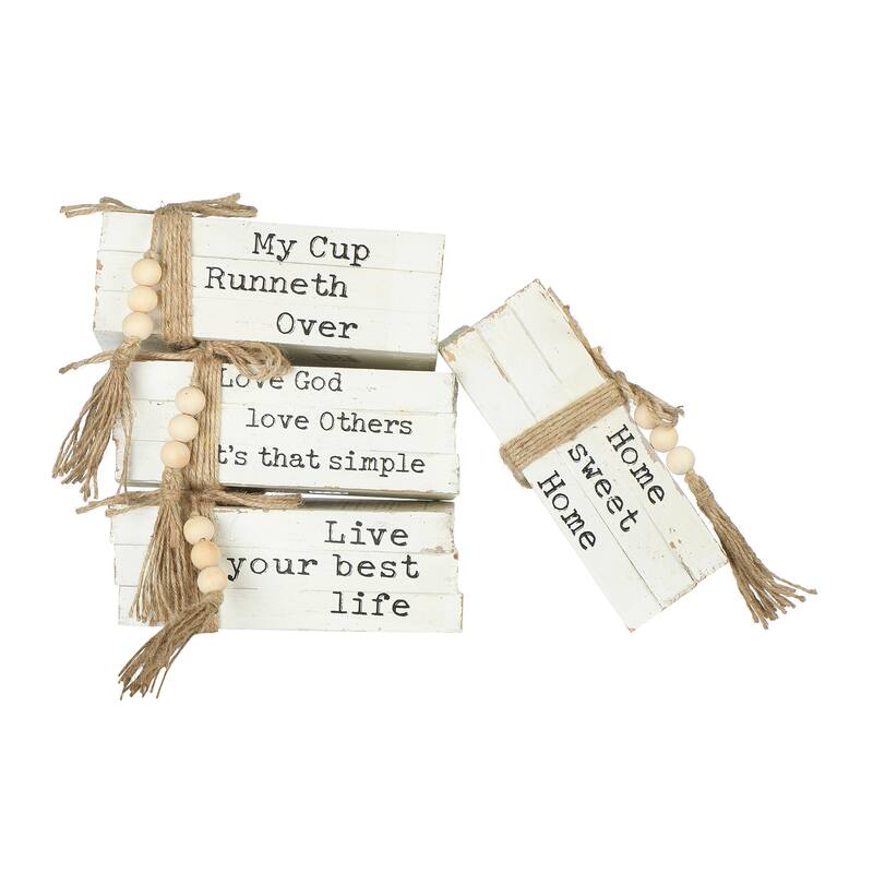 Wood Block Books with Saying and Jute Tie, Set of 4 Styles