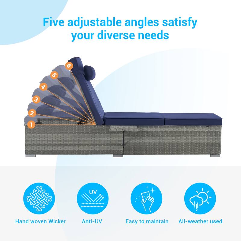 Set of 2 Outdoor Rattan Chaise Lounge with Adjustable Backrest