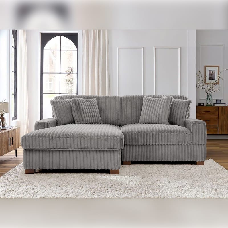 Anne 82" W Comfy Upholstered Plush Corduroy Modular Sectional Sofa - Light Grey - Left Facing