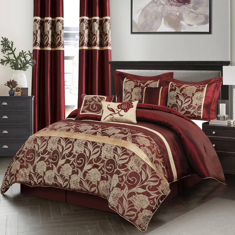 Nanshing Brie 9 Piece Floral Jacquard Comforter Set - Red Gold - King