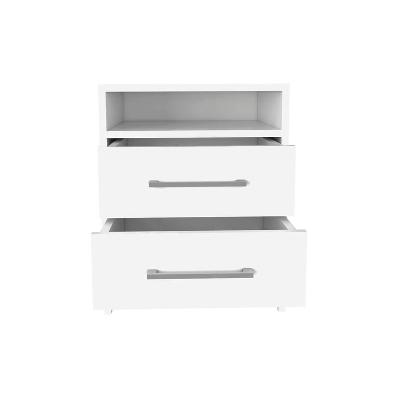 20-Inch White Nightstand with Two Drawers and Metal Handles