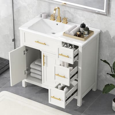 Modern 36" Bathroom Vanity Base Cabinet with Left-Side Ceramic Sink, Single Sink Bathroom Cabinet with 3 Drawers, White
