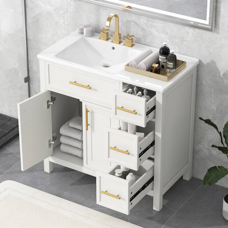 Roomfitters 36" Bathroom Vanity with Sink, Left-Side Basin, Solid Wood Frame, 2 Doors & 3 Drawers