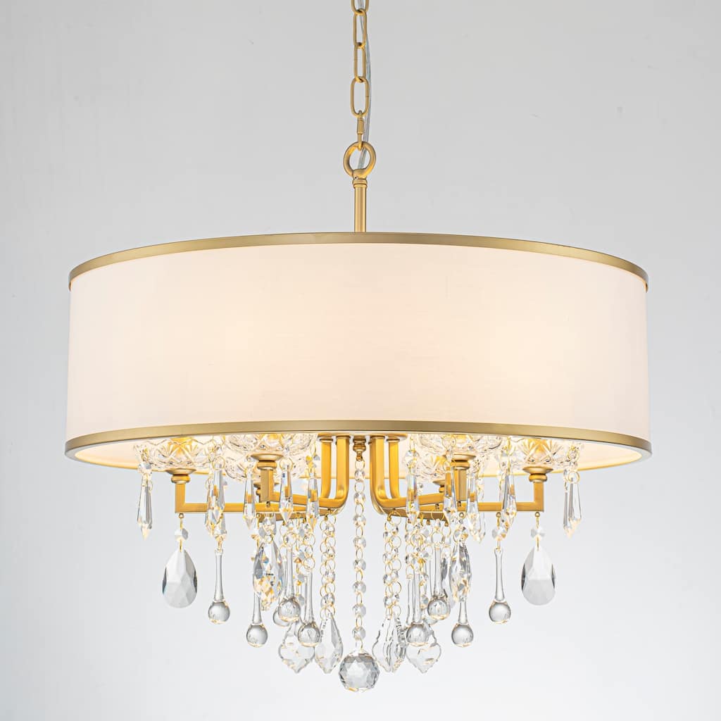 6-Light Modern Elegant Gold Drum Fabric Shade Adjustable Height with Crystal Accent Chandelier for Dining Room & Bedroom