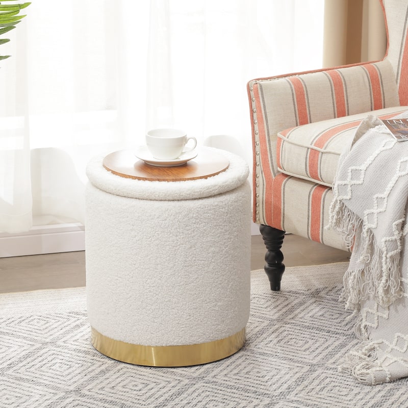 Adeco Velvet Round Storage Stool Gold Plating Base Storage Ottoman - White-with-Tray