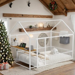 Metal Full Size Kids Bed House Bed with Desk,Shelves,Power Outlets and USB Ports