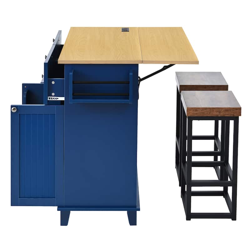 Farmhouse Kitchen Island on Wheels with Drop Leaf, 2 Seating & Power Outlet